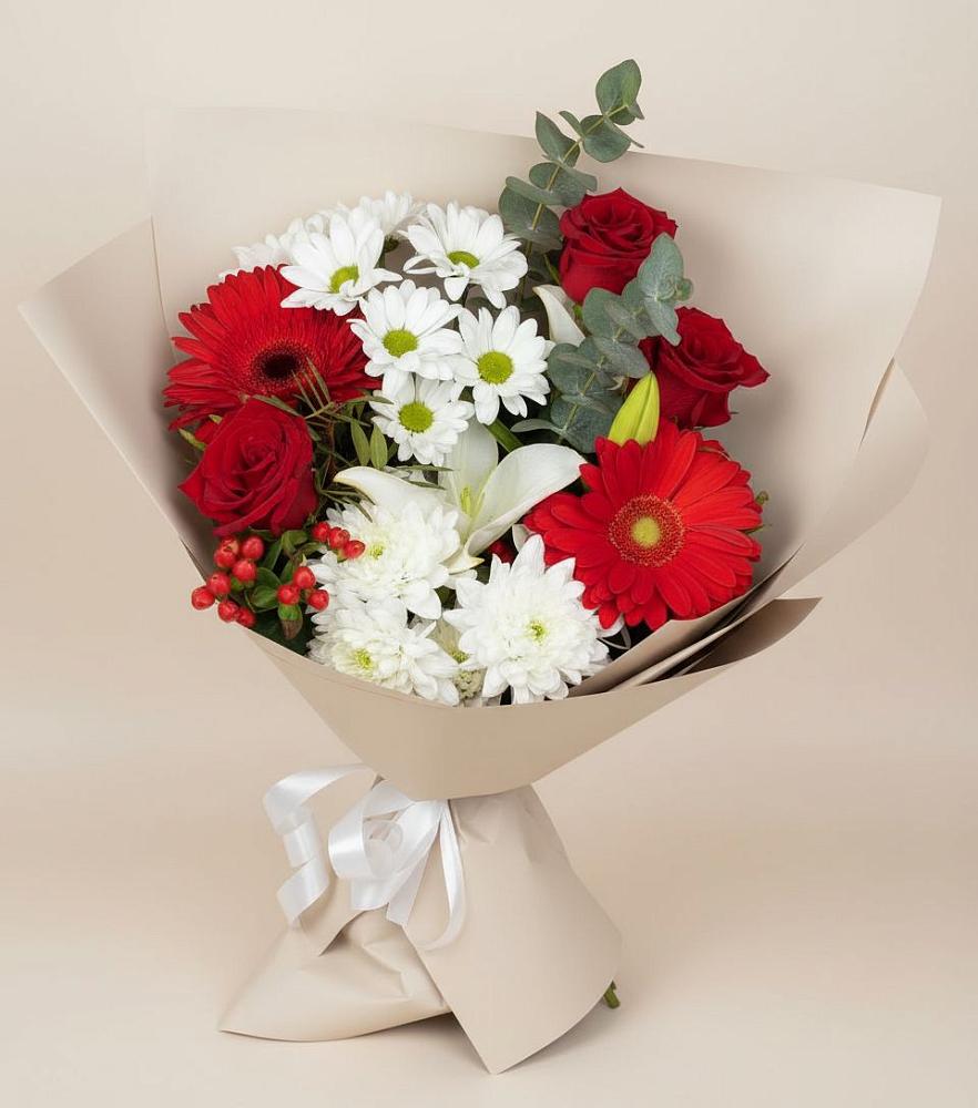 Букет цветов из: Розы, Хризантемы, Герберы и Лилии в Ярославском